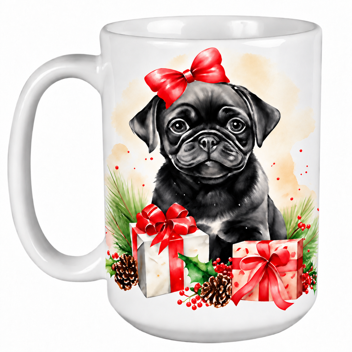 Rescue Roast® 450ml white Christmas mug featuring a Pug in a Santa hat surrounded by Christmas presents