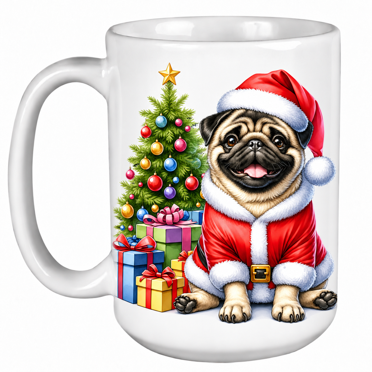 Rescue Roast® 450ml white Christmas mug featuring a Fawn Pug beside a decorated Christmas tree
