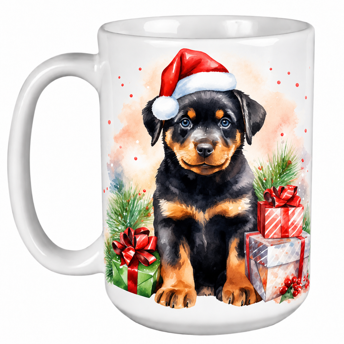 Rescue Roast® 450ml white Christmas mug featuring a Rottweiler in a Santa hat surrounded by Christmas presents