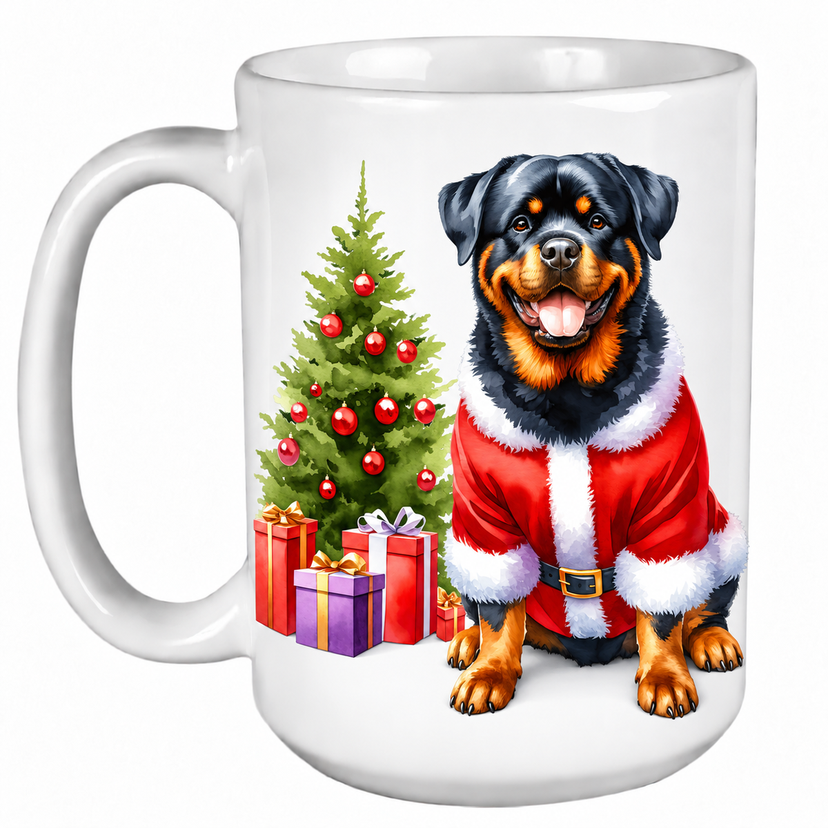 Rescue Roast® 450ml white Christmas mug featuring a Rottweiler beside a decorated Christmas tree