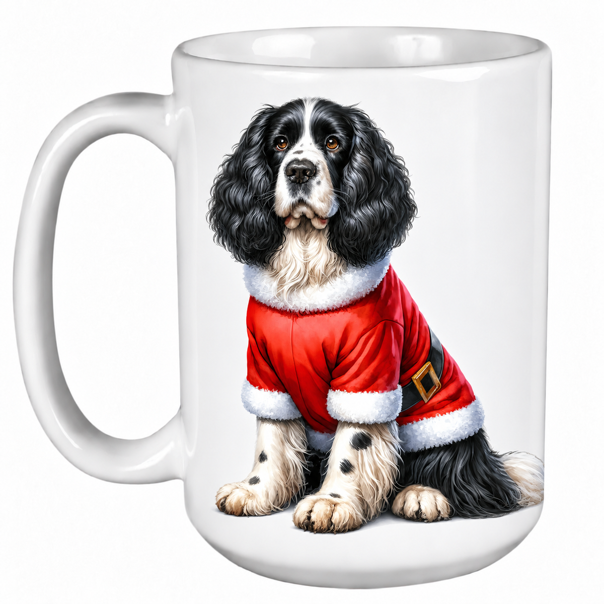 Rescue Roast® 450ml white Christmas mug featuring a Springer Spaniel dressed as Santa’s little helper