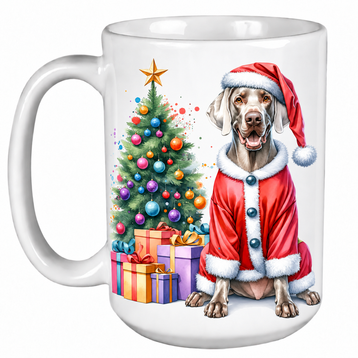 Rescue Roast® 450ml white Christmas mug featuring a Weimaraner beside a decorated Christmas tree