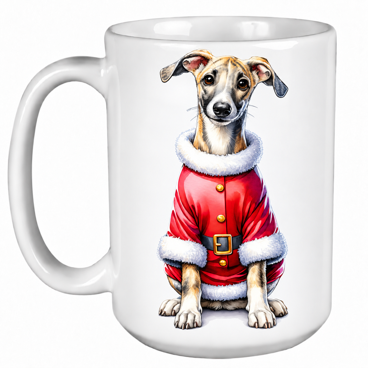 Rescue Roast® 450ml white Christmas mug featuring a Whippet dressed as Santa’s little helper
