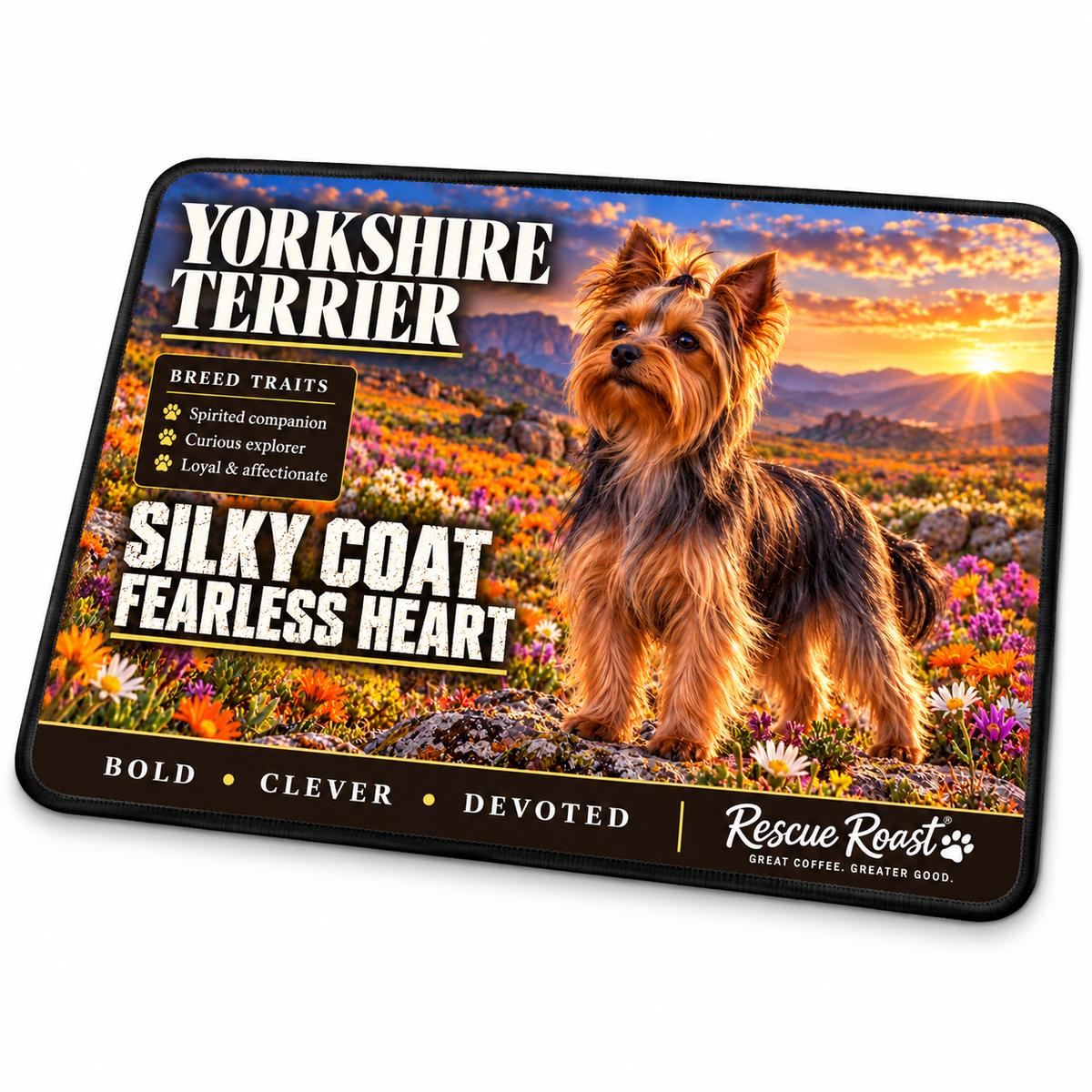 Rescue Roast Yorkshire Terrier mousepad: A Yorkshire Terrier stands among colourful wildflowers beneath a golden mountain sunset. Printed slogan: Silky Coat, Fearless Heart.