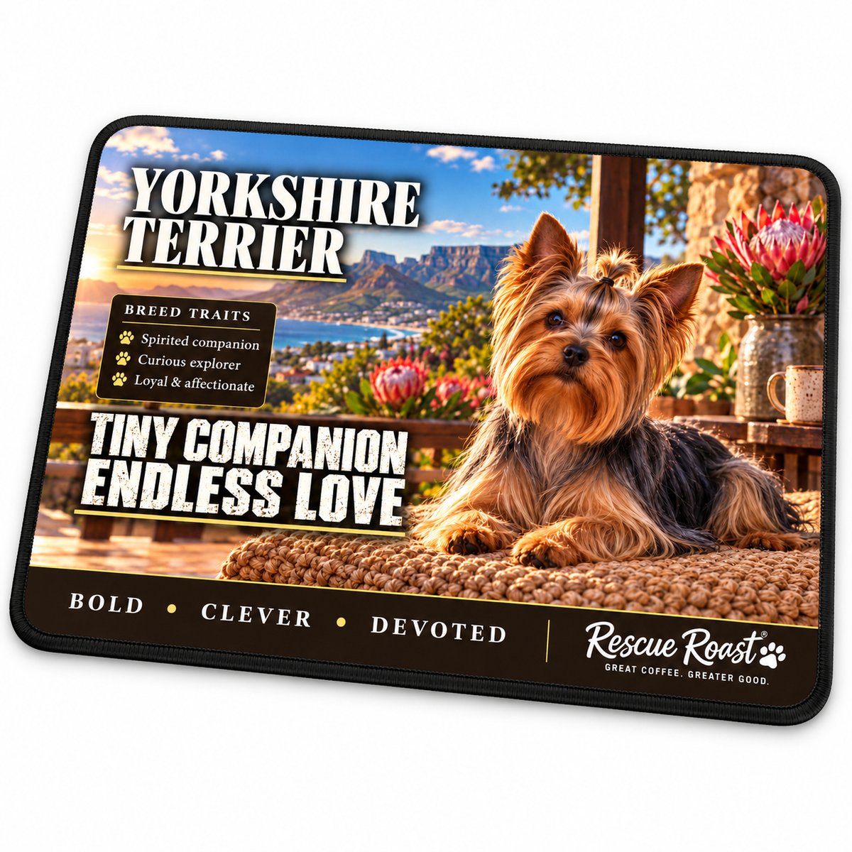 Rescue Roast Yorkshire Terrier mousepad: A Yorkshire Terrier lounges on a woven cushion on a sunny veranda beside a coffee mug and proteas, with a coastal mountain view. Printed slogan: Tiny Companion, Endless Love.