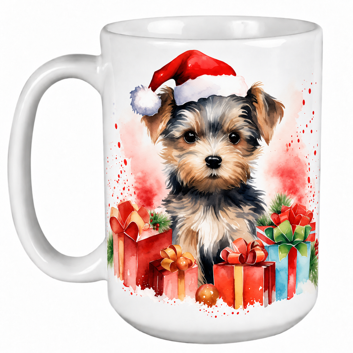 Rescue Roast® 450ml white Christmas mug featuring a Yorkshire Terrier in a Santa hat surrounded by Christmas presents