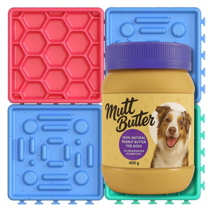 4 Piece Lick‑Mat Slow‑Feeder with 400g Mutt Butter Doggy Peanut Butter