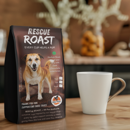 Rescue Roast® Gentle Companion (Dogs Trust), Blend #1 packaging featuring animal artwork