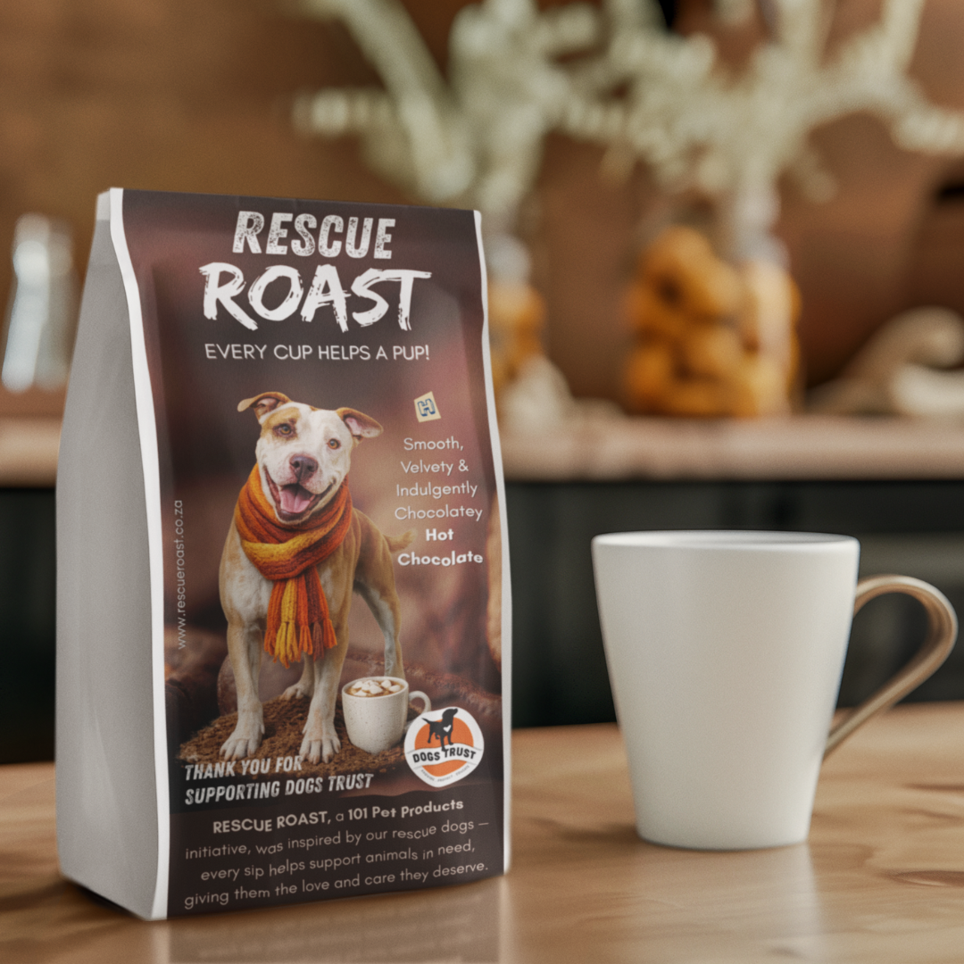 Rescue Roast® Hot Chocolate - Dogs Trust packaging featuring animal artwork