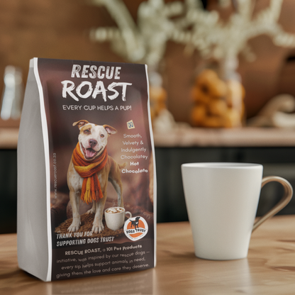 Rescue Roast® Hot Chocolate - Dogs Trust packaging featuring animal artwork