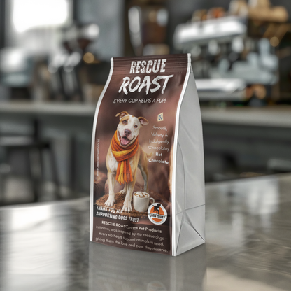 Rescue Roast® Hot Chocolate - Dogs Trust packaging featuring animal artwork
