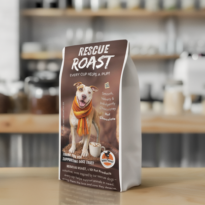 Rescue Roast® Hot Chocolate - Dogs Trust packaging featuring animal artwork