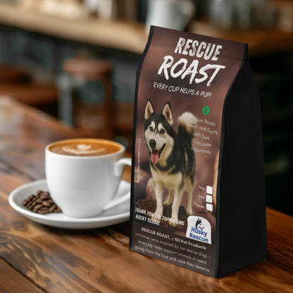 Rescue Roast® Poetry in Motion (Husky Rescue), Blend #1 packaging featuring animal artwork