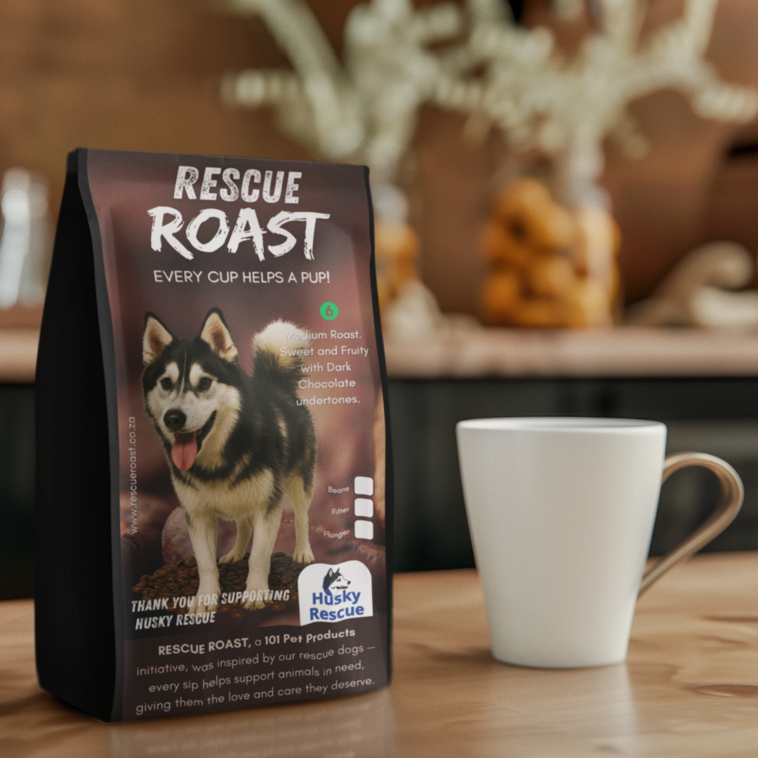 Rescue Roast® Poetry in Motion (Husky Rescue), Blend #1 packaging featuring animal artwork