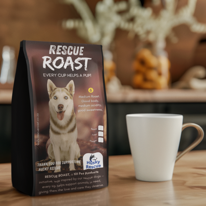 Rescue Roast® Run Wild Roast (Husky Rescue), Blend #2 packaging featuring animal artwork