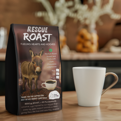 Rescue Roast® Kickback Roast (Rest Ur Ass Donkey Sanctuary), Blend #1 packaging featuring animal artwork, beside a cup