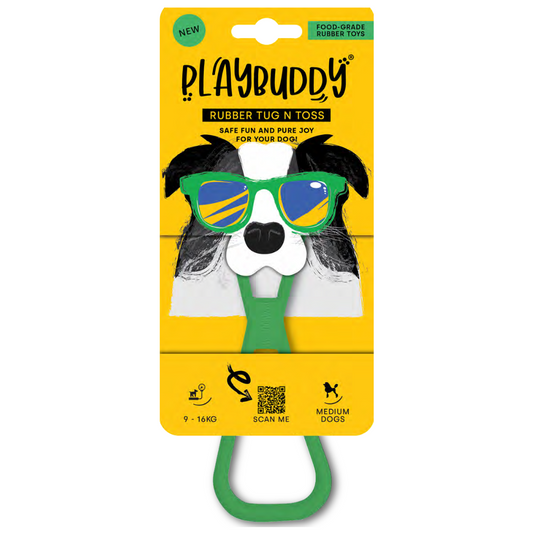 PlayBuddy Rubber Tug & Toss – for dogs that love to pull, chew, and play together (S/M/L)