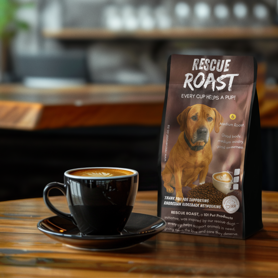 Rescue Roast® Sun-Chaser Brew (Rhodesian Ridgeback Networking SA), Blend #2 packaging featuring animal artwork, beside a cup