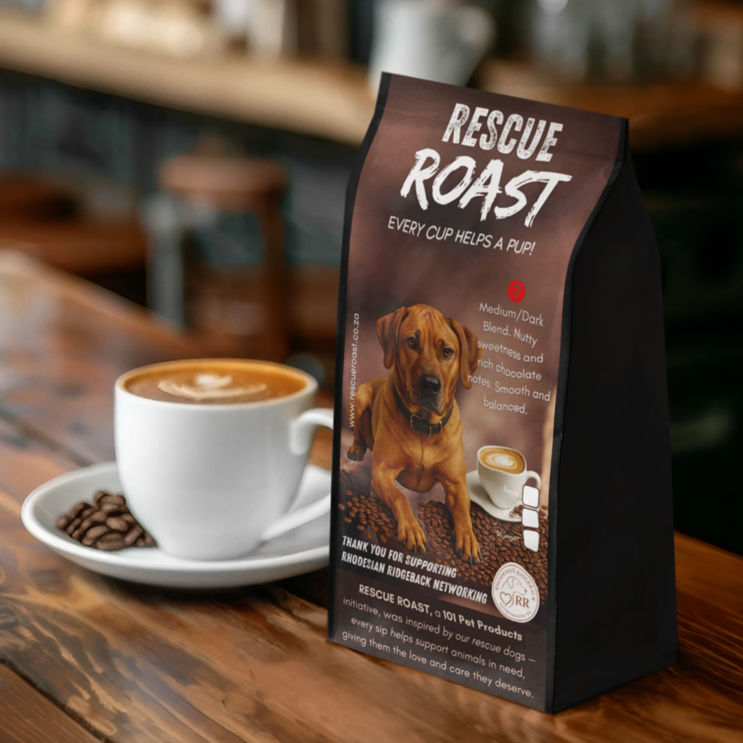 Rescue Roast® The Guardian’s Roast (Rhodesian Ridgeback Networking SA), Blend #3 packaging featuring animal artwork, beside a cup