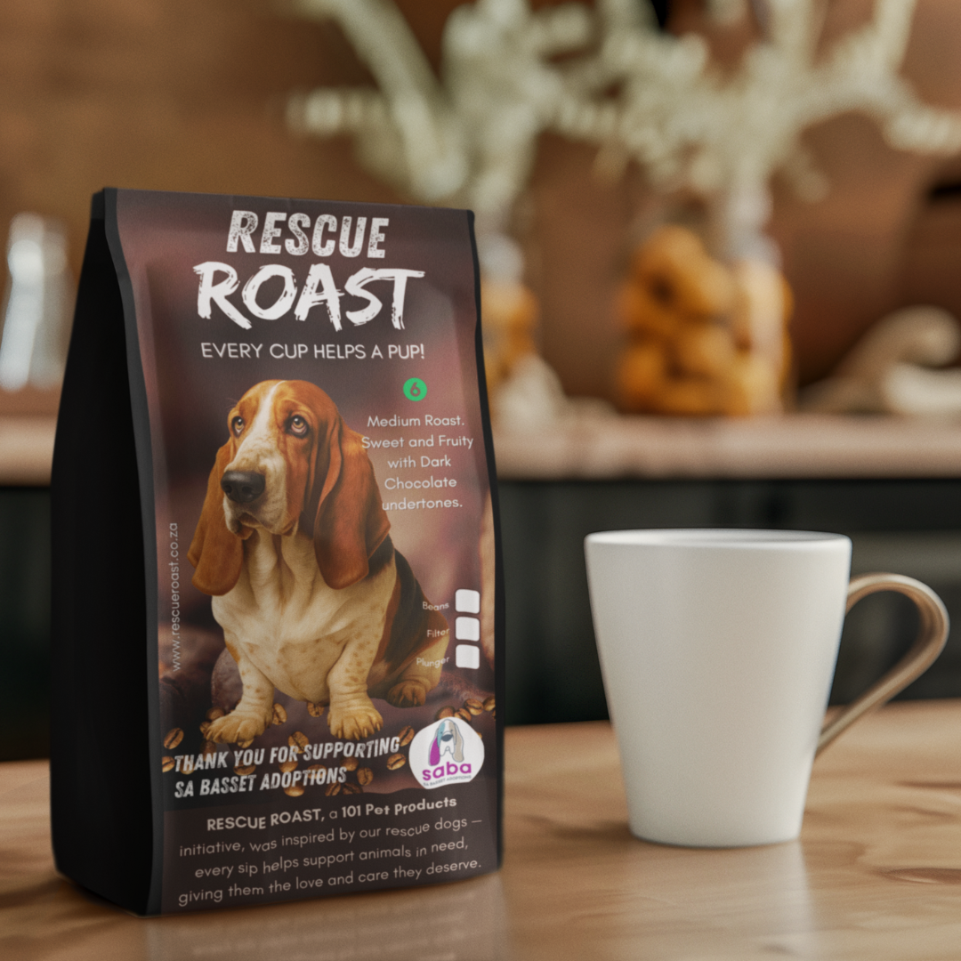 Rescue Roast® The Waddle Brew (SA Basset Adoptions), Blend #1 packaging featuring animal artwork