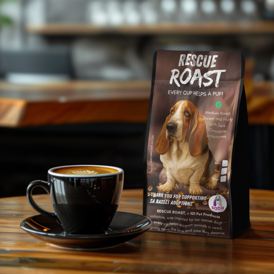 Rescue Roast® The Waddle Brew (SA Basset Adoptions), Blend #1 packaging featuring animal artwork