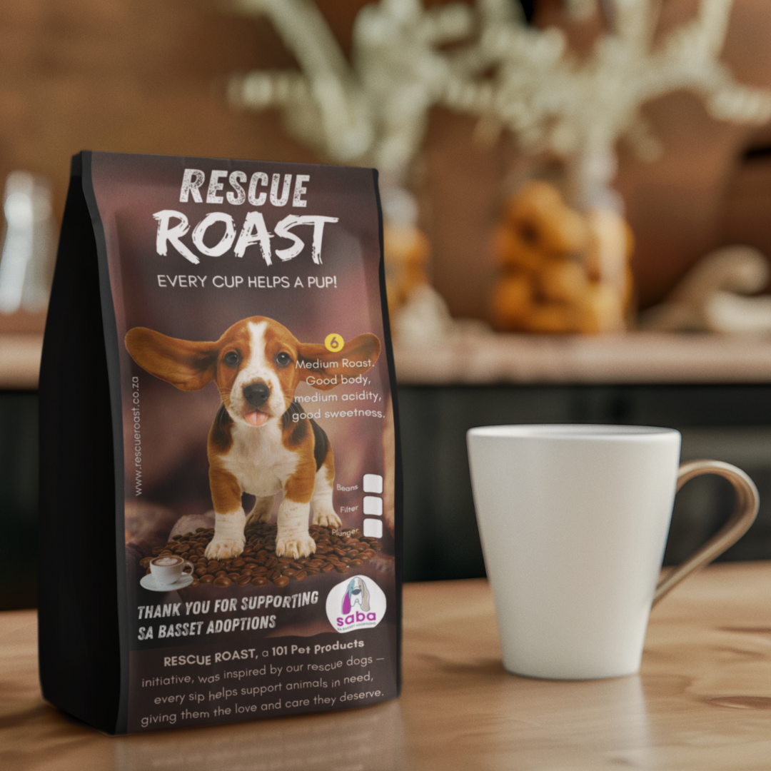 Rescue Roast® Long Dog Roast (SA Basset Adoptions), Blend #2 packaging featuring animal artwork