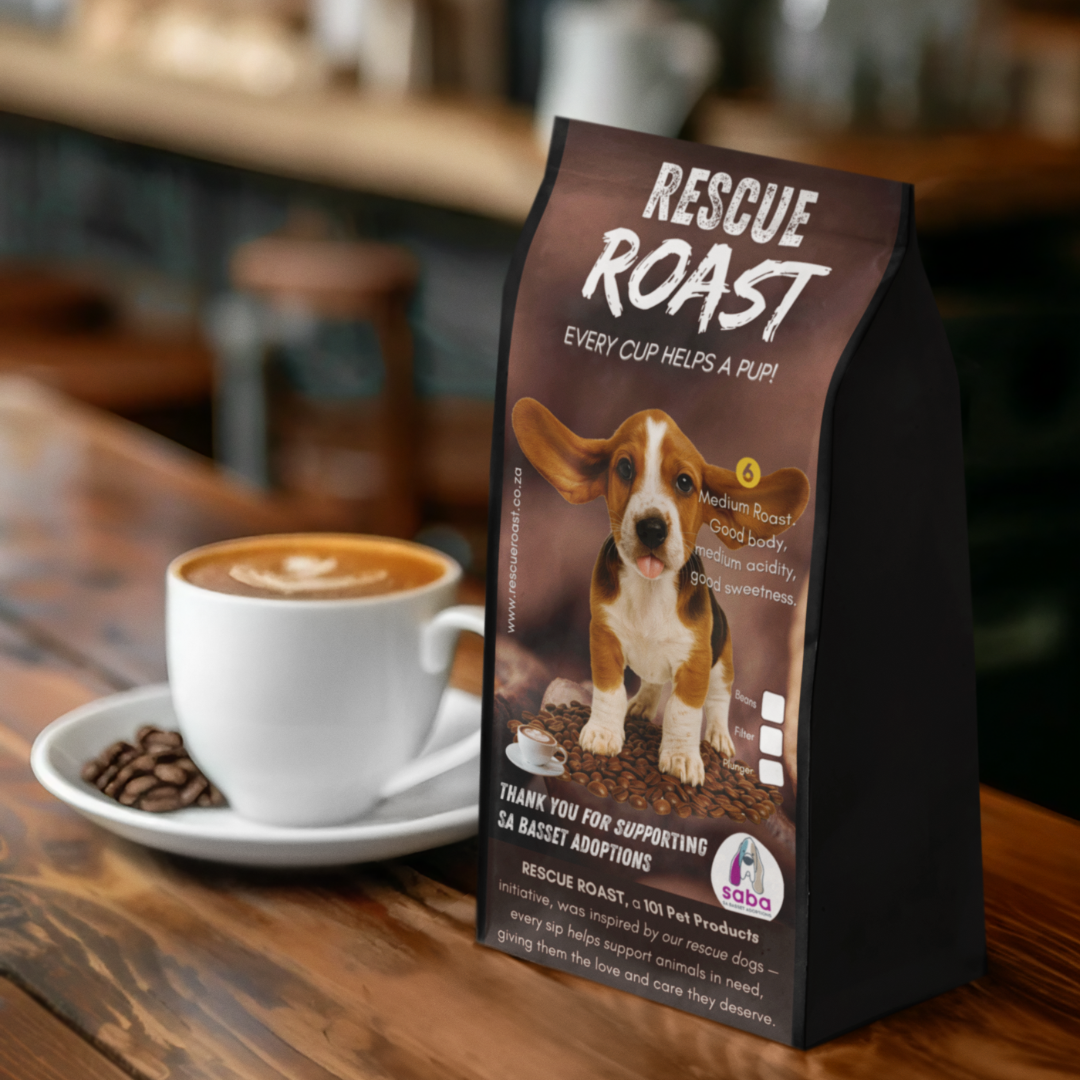 Rescue Roast® Long Dog Roast (SA Basset Adoptions), Blend #2 packaging featuring animal artwork