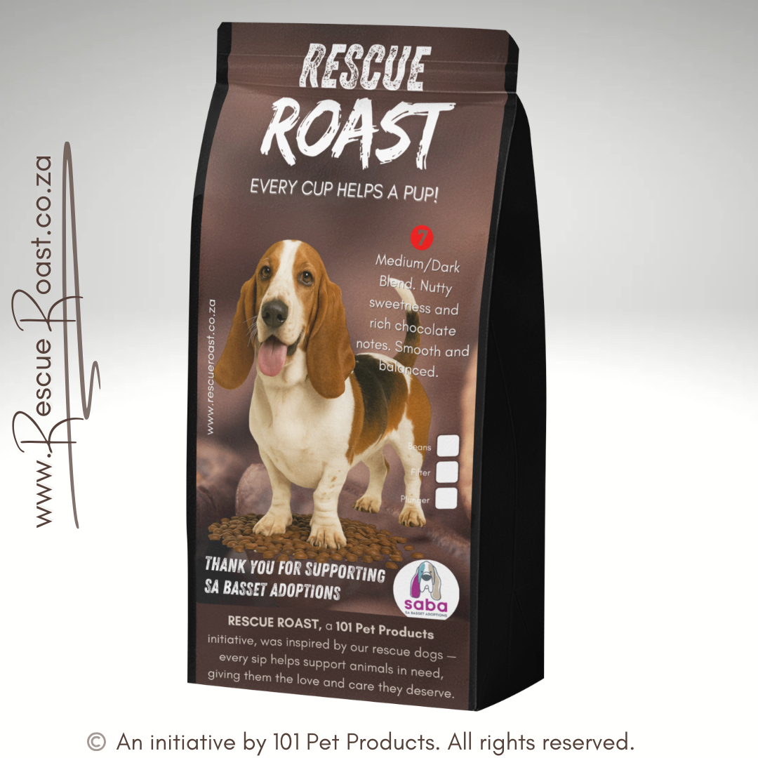 Rescue Roast® Drool & Determination Roast (SA Basset Adoptions), Blend #3 packaging featuring animal artwork