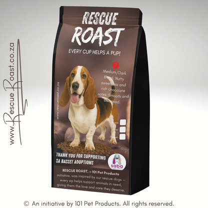 Rescue Roast® Drool & Determination Roast (SA Basset Adoptions), Blend #3 packaging featuring animal artwork
