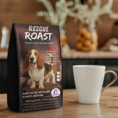 Rescue Roast® Drool & Determination Roast (SA Basset Adoptions), Blend #3 packaging featuring animal artwork