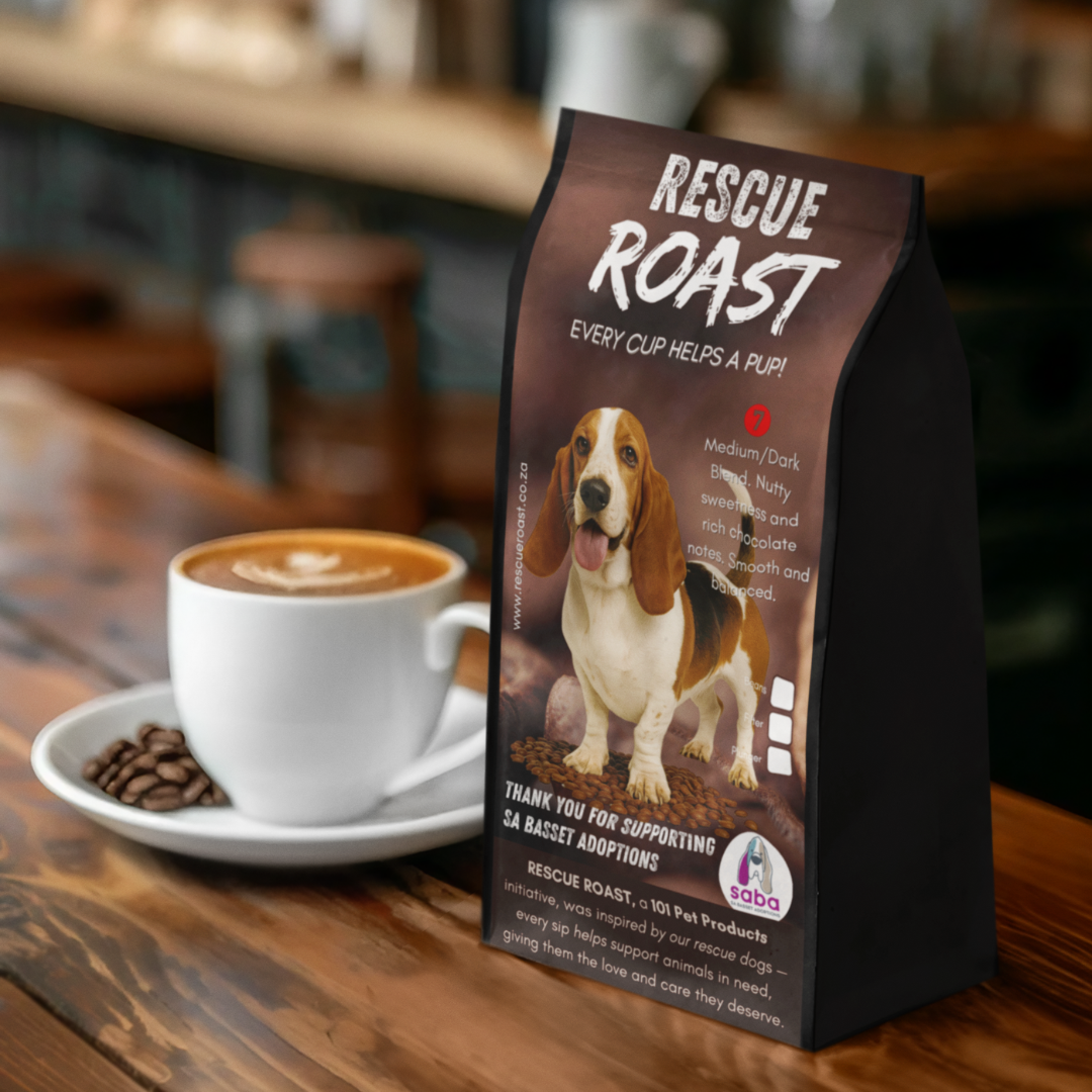 Rescue Roast® Drool & Determination Roast (SA Basset Adoptions), Blend #3 packaging featuring animal artwork