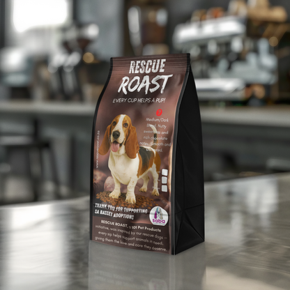 Rescue Roast® Drool & Determination Roast (SA Basset Adoptions), Blend #3 packaging featuring animal artwork