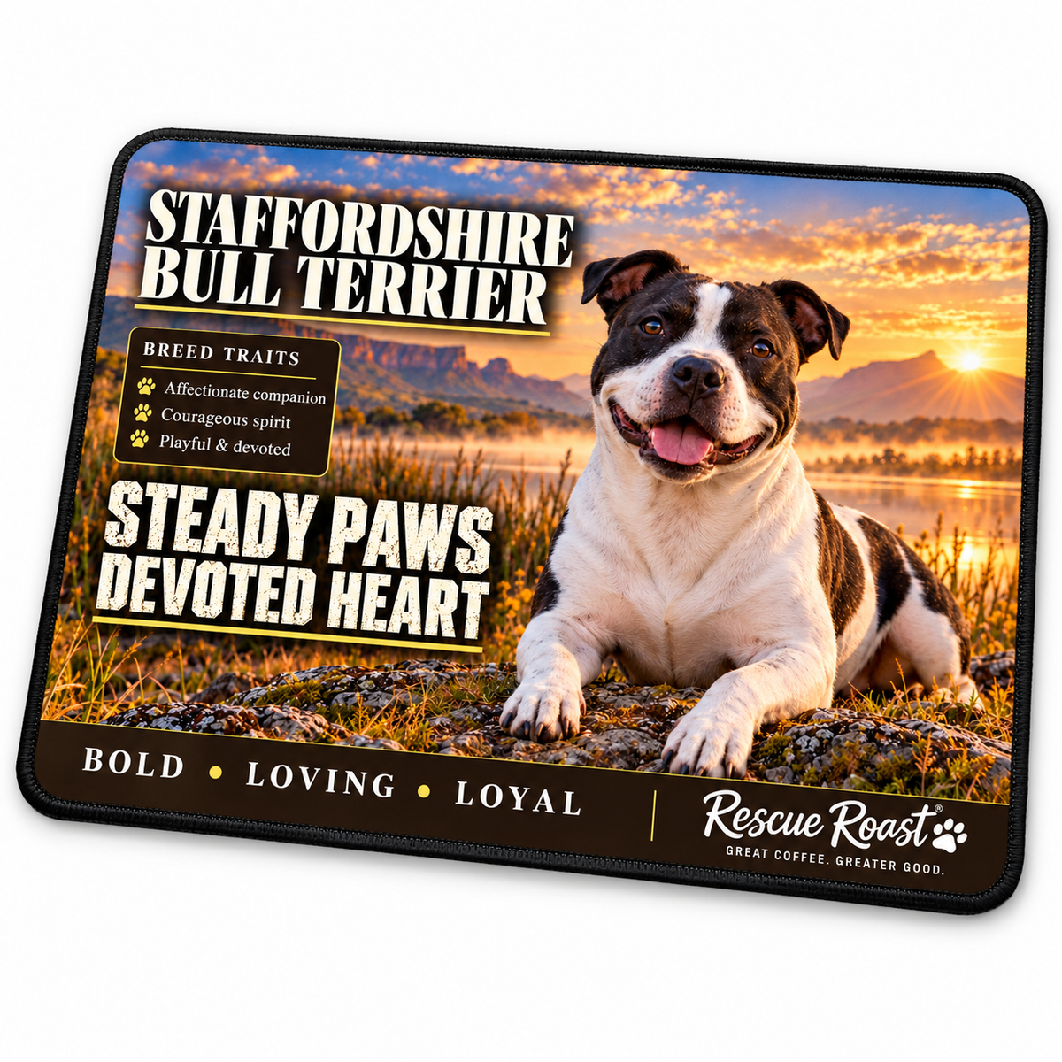 Rescue Roast® Staffordshire Bull Terrier – Steady Paws, Devoted Heart Mousepad