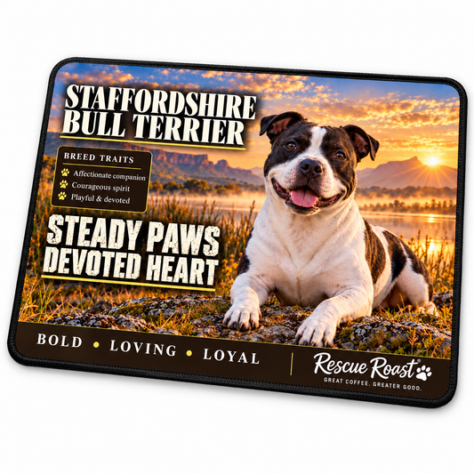 Rescue Roast® Staffordshire Bull Terrier – Steady Paws, Devoted Heart Mousepad
