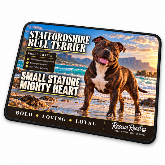 Rescue Roast® Staffordshire Bull Terrier – Small Stature, Mighty Heart Mousepad