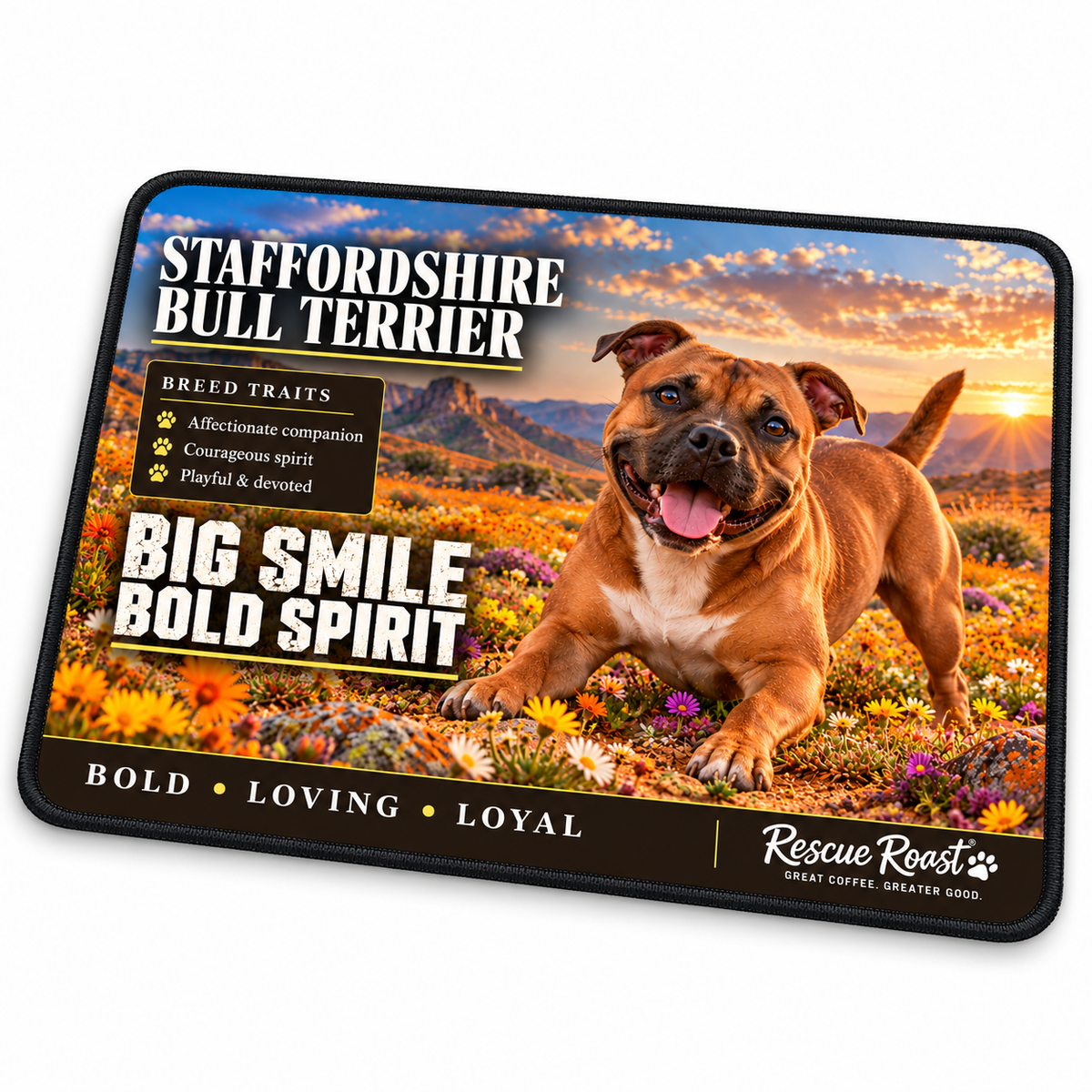 Rescue Roast® Staffordshire Bull Terrier – Big Smile, Bold Spirit Mousepad