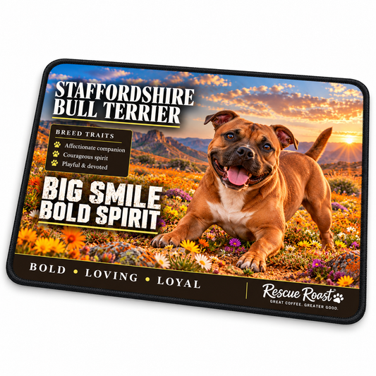 Rescue Roast® Staffordshire Bull Terrier – Big Smile, Bold Spirit Mousepad