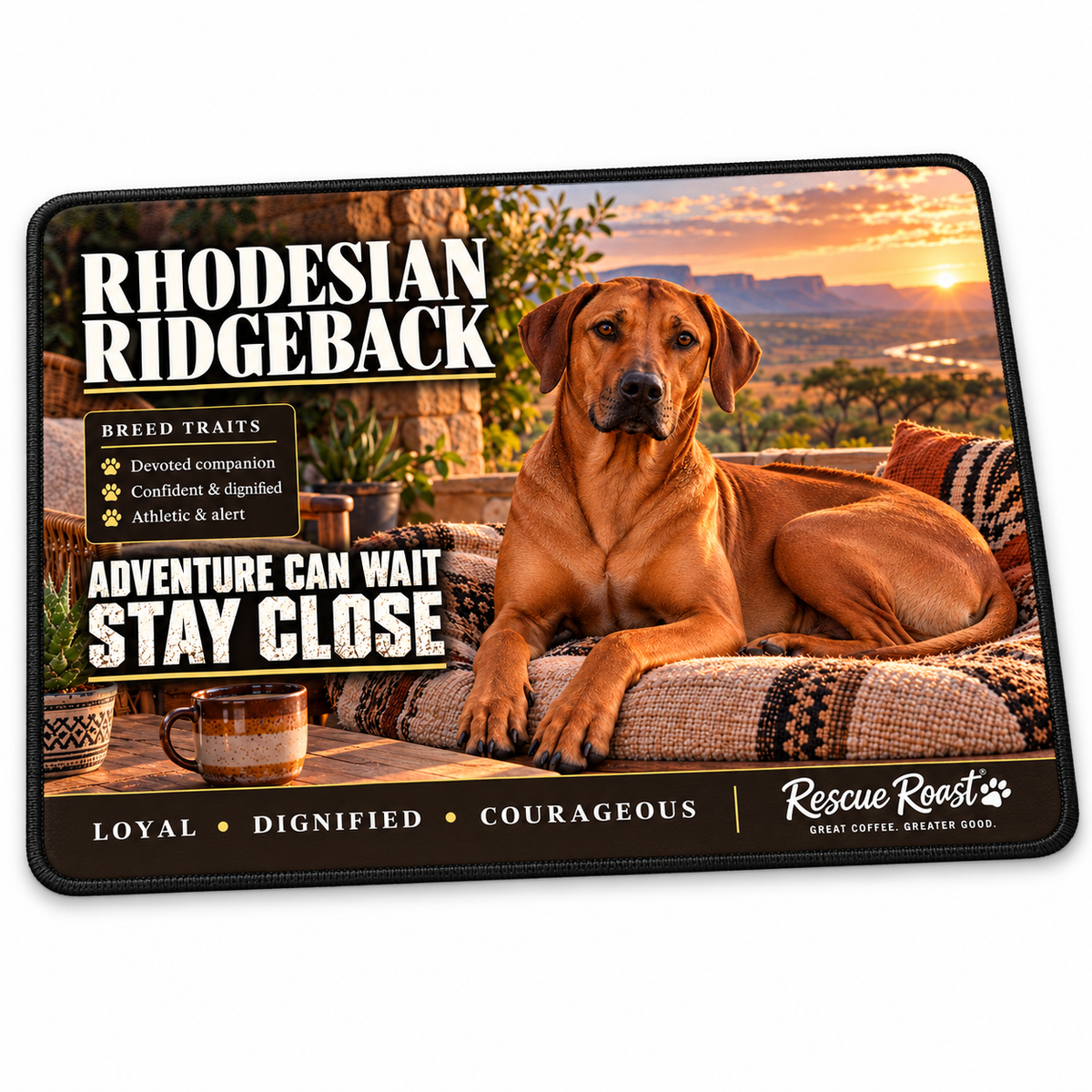Rescue Roast® Rhodesian Ridgeback – Adventure Can Wait, Stay Close Mousepad