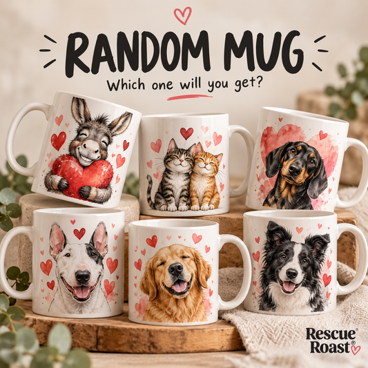 Rescue Roast® Random Mug promotion showing a selection of animal-themed mugs