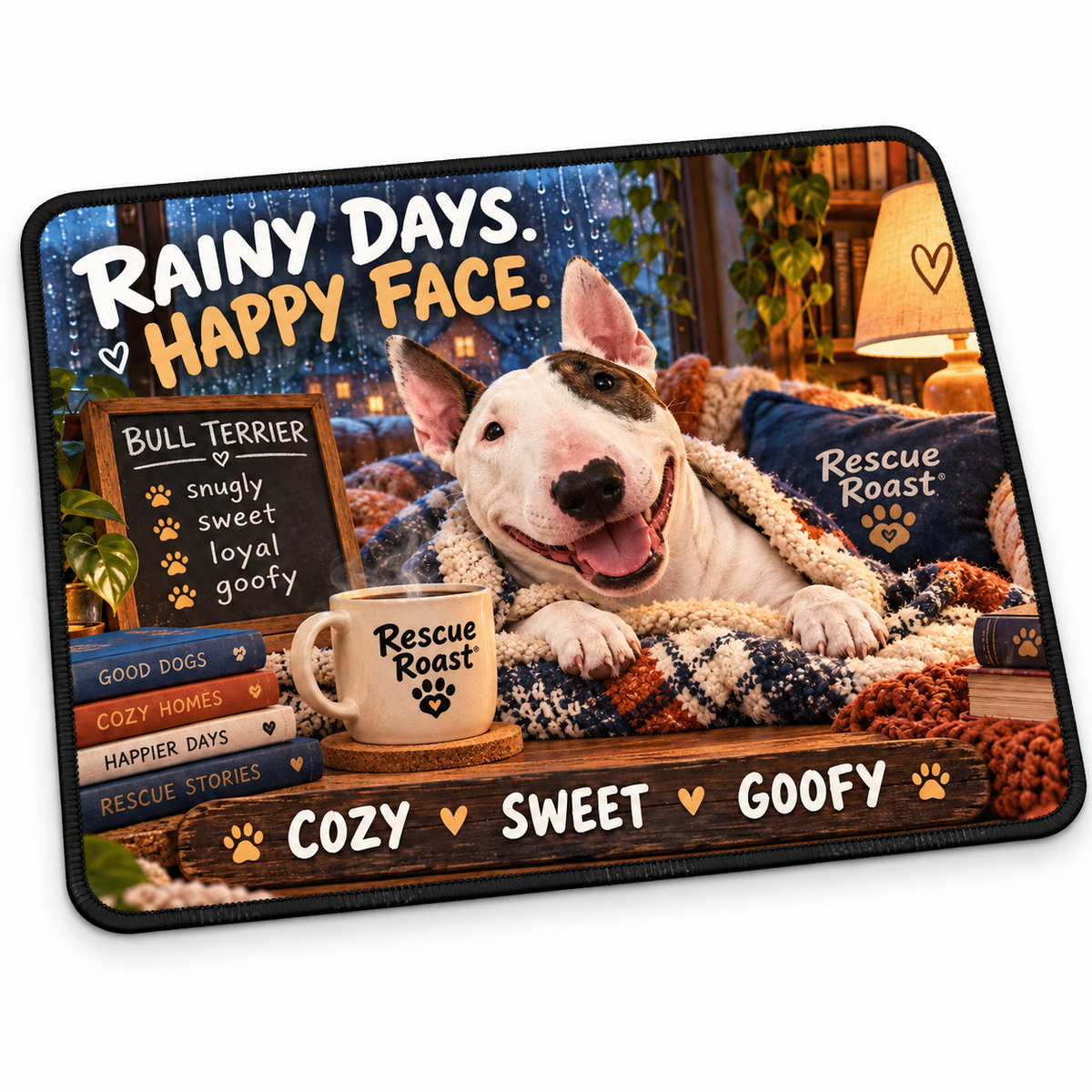 Rescue Roast® Bull Terrier – Rainy Days, Happy Face Mousepad
