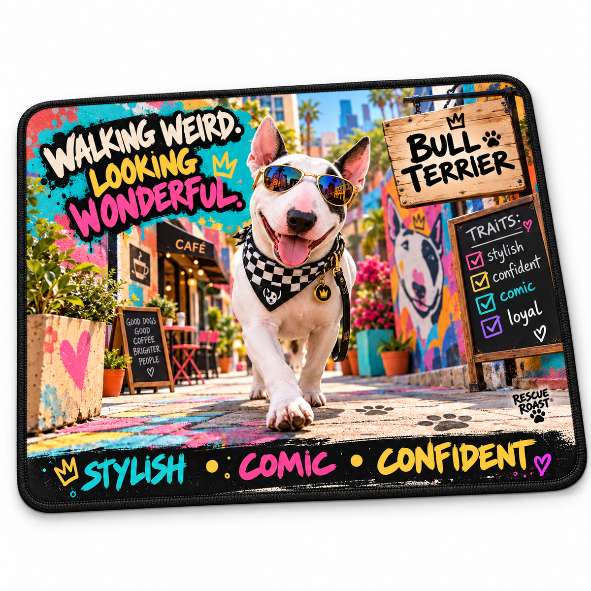 Rescue Roast® Bull Terrier – Walking Weird, Looking Wonderful Mousepad