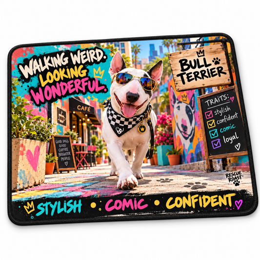 Rescue Roast® Bull Terrier – Walking Weird, Looking Wonderful Mousepad
