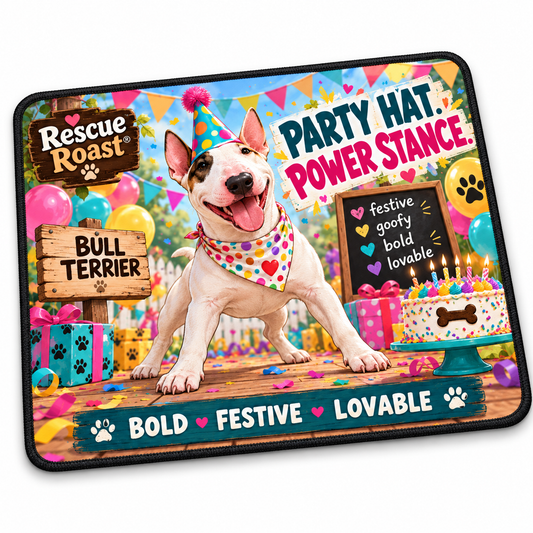 Rescue Roast® Bull Terrier – Party Hat, Power Stance Mousepad