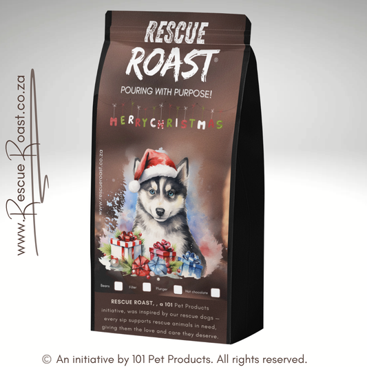 Rescue Roast® Husky - Christmas Edition C packaging featuring festive animal artwork