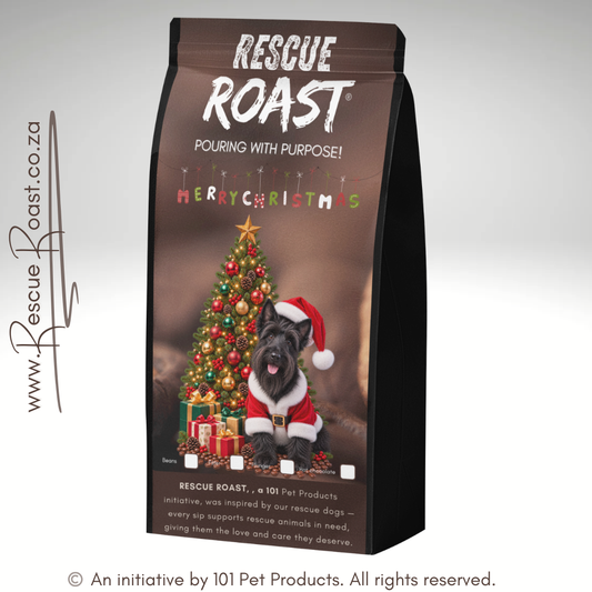 Rescue Roast® Scottish Terrier - Christmas Edition A packaging featuring festive animal artwork