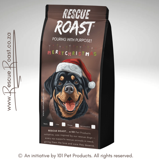 Rescue Roast® Rottweiler - Christmas Edition D packaging featuring festive animal artwork