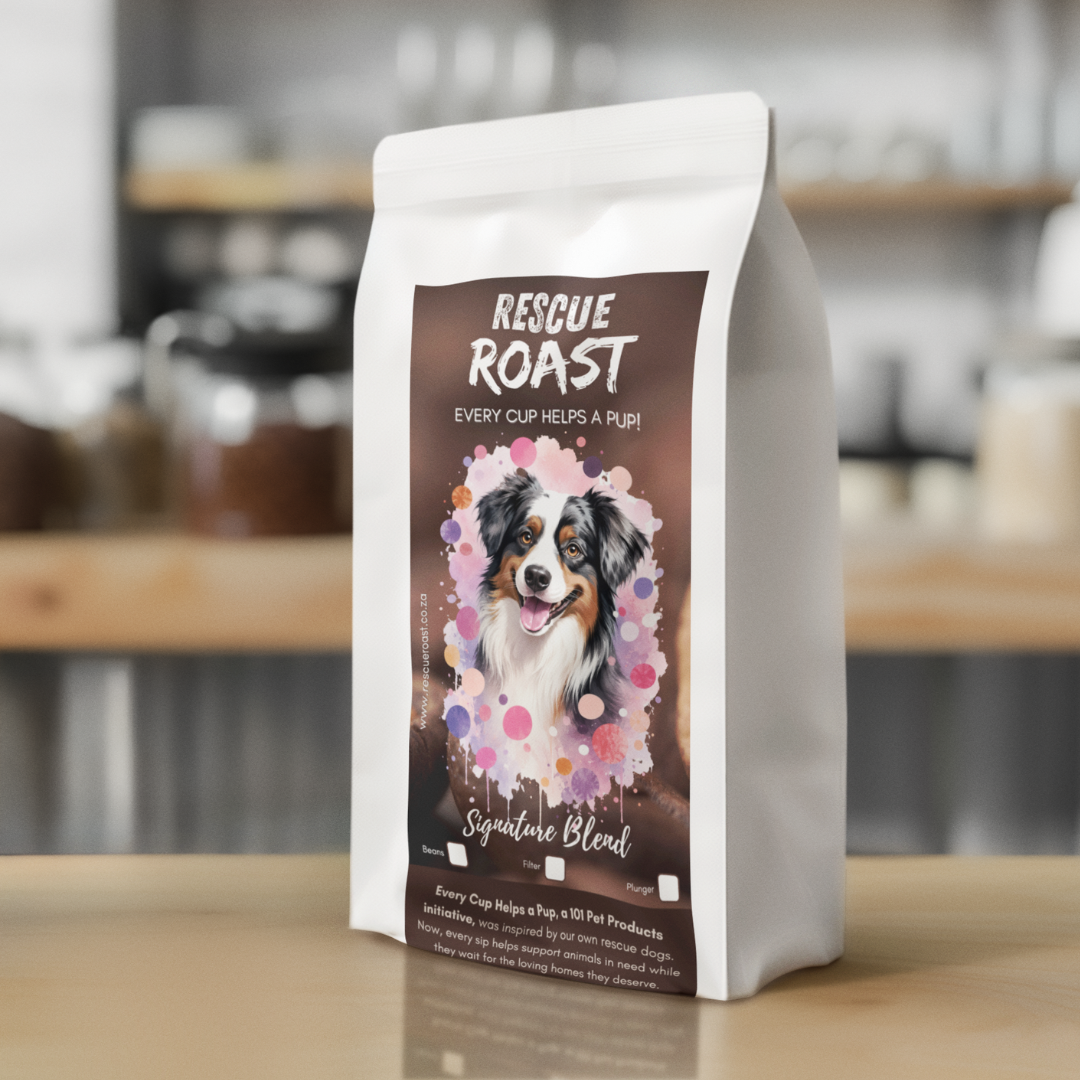 Rescue Roast® Signature Blend: Border Collie - Wholesale coffee packaging, featuring animal artwork