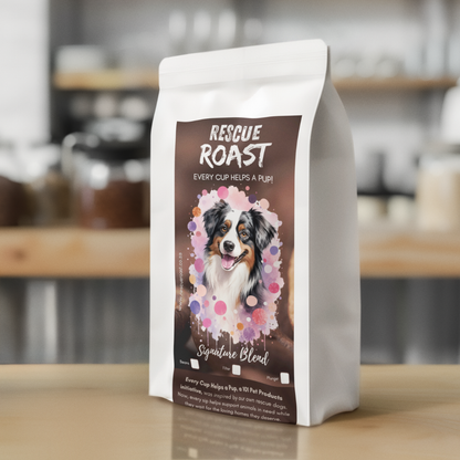 Rescue Roast® Signature Blend: Border Collie - Wholesale coffee packaging, featuring animal artwork