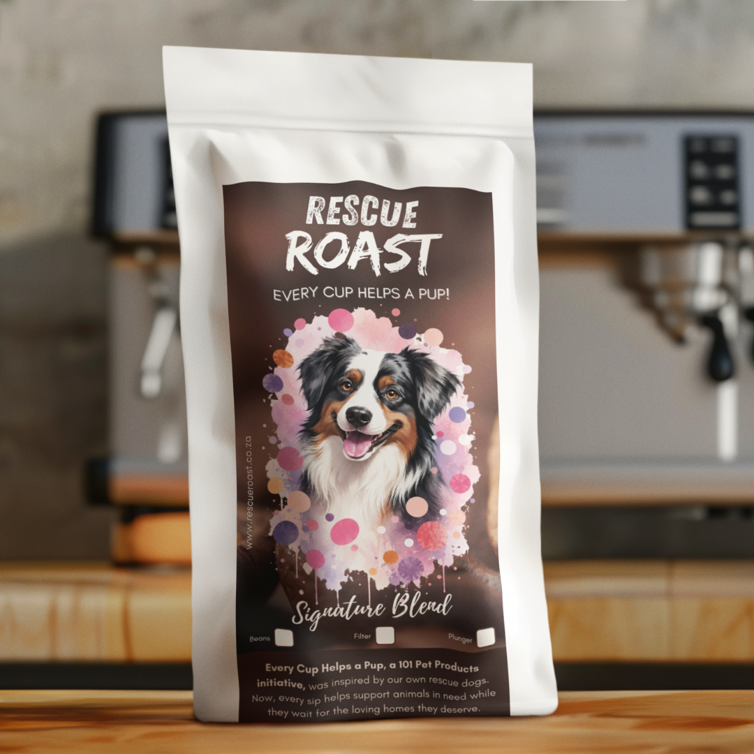 Rescue Roast® Signature Blend: Border Collie - Wholesale coffee packaging, featuring animal artwork