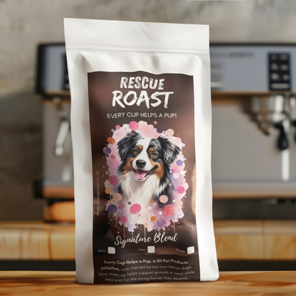 Rescue Roast® Signature Blend: Border Collie - Wholesale coffee packaging, featuring animal artwork